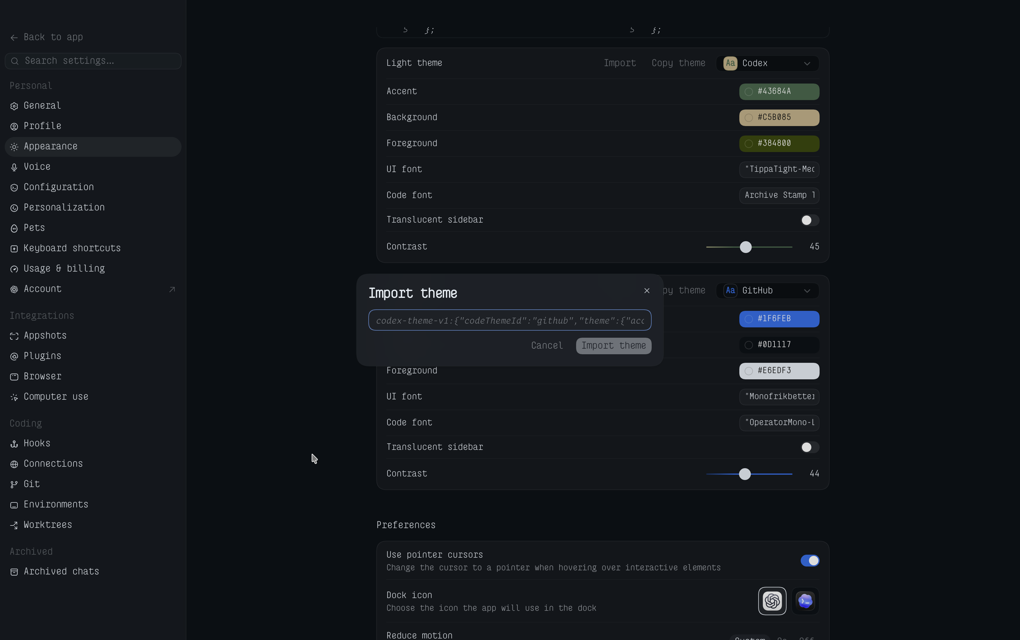 ChatGPT macOS Appearance settings with the Import theme dialog open